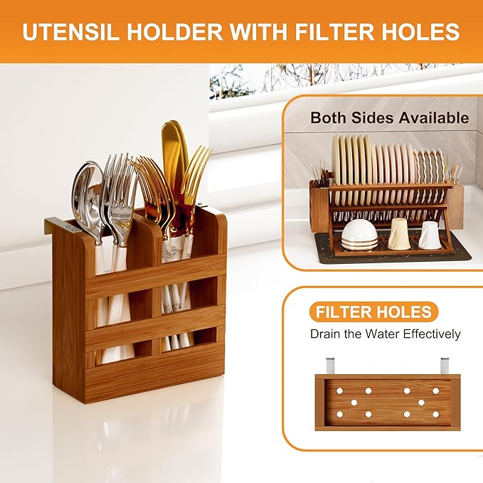 Greenual Teak Dish Drying Rack with Utensil Holder, 3 Tier Collapsible Dish Rack, Wooden Dish Racks for Kitchen Counter, Large Folding Drying Holder with Absorbent Dish Drying Mat
