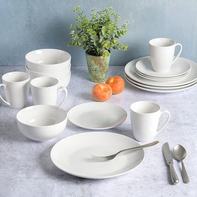 Gibson Home Zen Buffet Porcelain Chip and Scratch Resistant Dinnerware Set, Service for 4 (16pcs), White (Coupe)