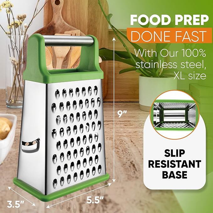 Spring Chef Green Professional Stainless Steel XL Parmesan Cheese Grater with Handle - 4 Sided Box Grater for Kitchen - Dishwasher Safe Food Shredder for Carrot, Potato, Vegetables, Ginger, Hash Brown