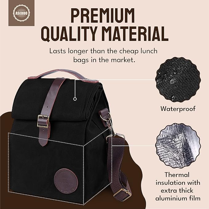 ASEBBO Insulated Lunch Bag for Women & Men - Reusable & Leak Proof Lunch Box Cooler Bag for Work, Beach, Travel for Adults with Shoulder Strap - Waxed Canvas (Black) - Reusable Bag