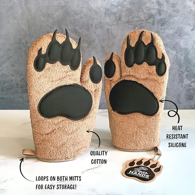 Genuine Fred Bear Hands Oven Mitts – Heat-Resistant Silicone and Cotton Gloves, Fun Gift for Bakers, Animal Lovers, White Elephant or Housewarming