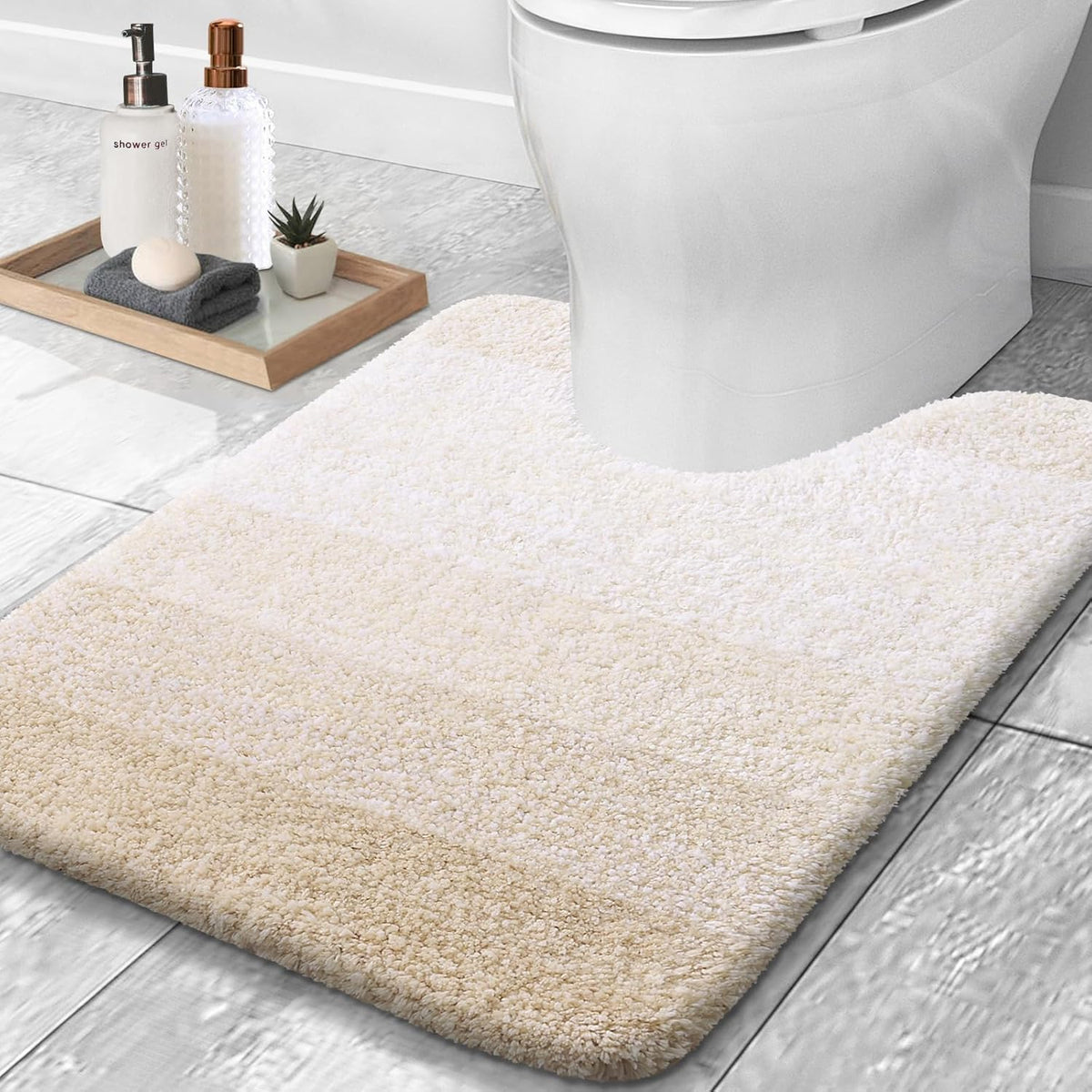 OLANLY Luxury Toilet Rugs U-Shaped 24x20, Extra Soft and Absorbent Microfiber Bathroom Rugs, Non-Slip Plush Shaggy Bath Mat, Machine Wash Dry, Contour Bathroom Mats for Toilet Base, Light Beige