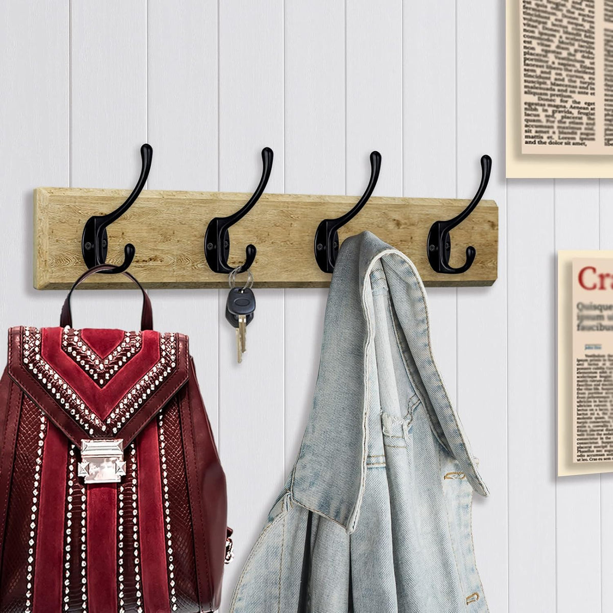 IBosins 30 Pack Heavy Duty Dual Coat Hooks Wall Mounted with 60 Screws Retro Double Hooks Utility Black Hooks for Coat, Scarf, Bag, Towel, Key, Cap, Cup, Hat