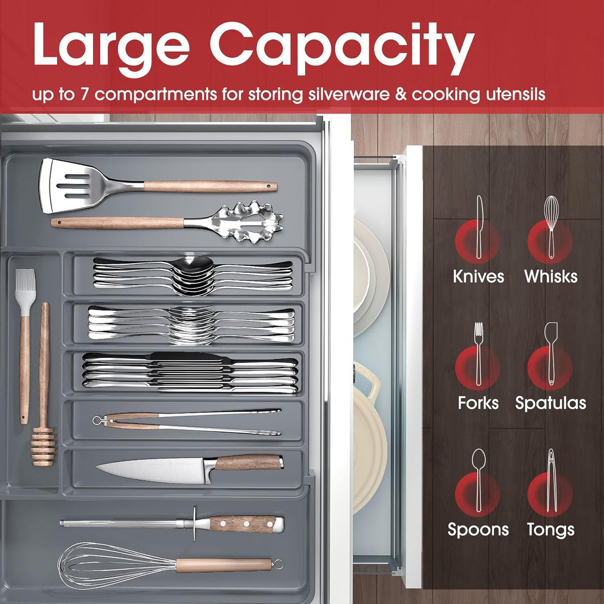 Aujen Silverware Organizer - Expandable Kitchen Drawer Organizer, Adjustable Utensil Organizer, Cutlery Tray for Forks, Knives, Multipurpose Kitchen Organizers and Storage Solution, Grey, Large