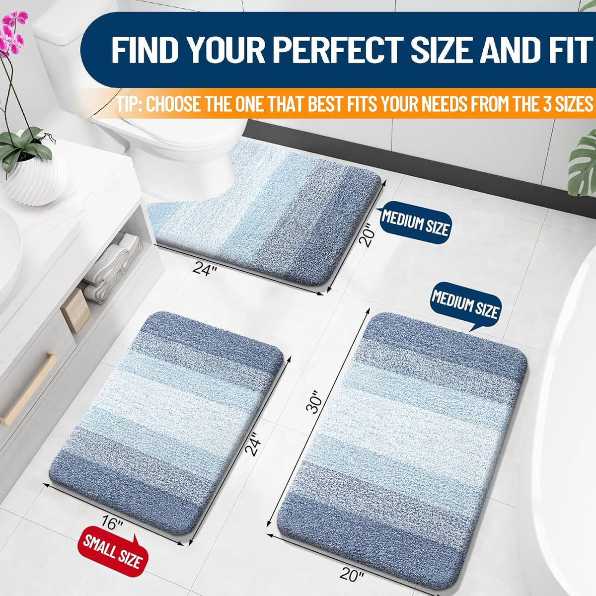 OLANLY Bathroom Rug Mat 30x20, Extra Soft and Absorbent Microfiber Bath Rugs, Non-Slip Plush Shaggy Bath Carpet, Machine Wash Dry, Bath Mats for Bathroom Floor, Tub and Shower, Blue