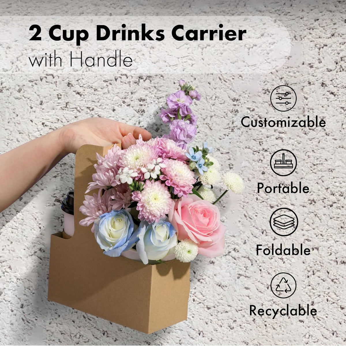 FMP Brands 2 Cup Disposable Drink Carrier with Handle, 200 Pack Kraft Paperboard Handled Drink Carriers 12-30 oz to Go Coffee Cup Holder, Cup Carrier for Cold Hot Drinks, Takeout, Cafe