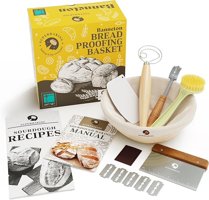 Superbaking 9' Round Banneton Bread Proofing Basket Gift Set– Sourdough Starter Kit for Crusty Artisan Style Loaves, Includes Essential Bread Baking Supplies & Tools - Ideal Gift for Bakers