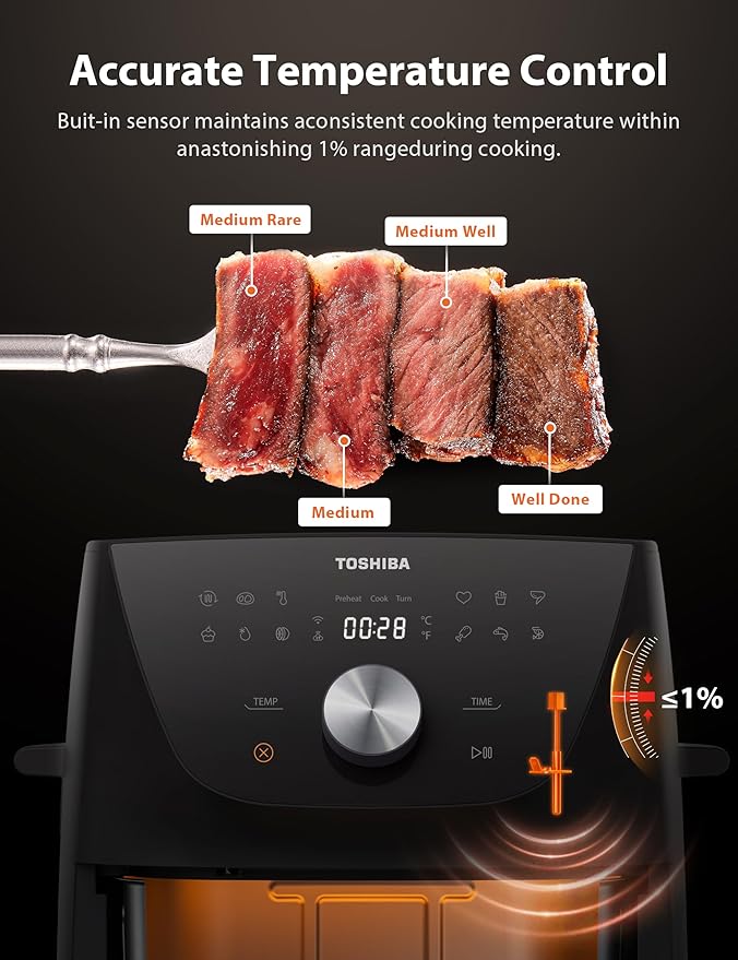 Toshiba 5.5QT Air Fryer with Heat-Q Technology, Quick and Easy Meals, 8 Preset Menus and Menu-IQ Function, 1-Degree Fahrenheit Precision, 90% Less Oil, Double-Sided Handles