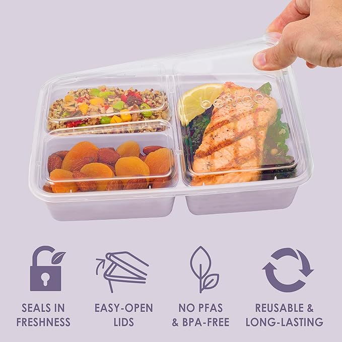 Bentgo Prep - 20-Piece 3-Compartment Reusable Meal Prep Containers with Lids, PFAS & BPA Free Materials, Durable, Microwave, Freezer, & Dishwasher Safe To Go Food Storage (Lilac)