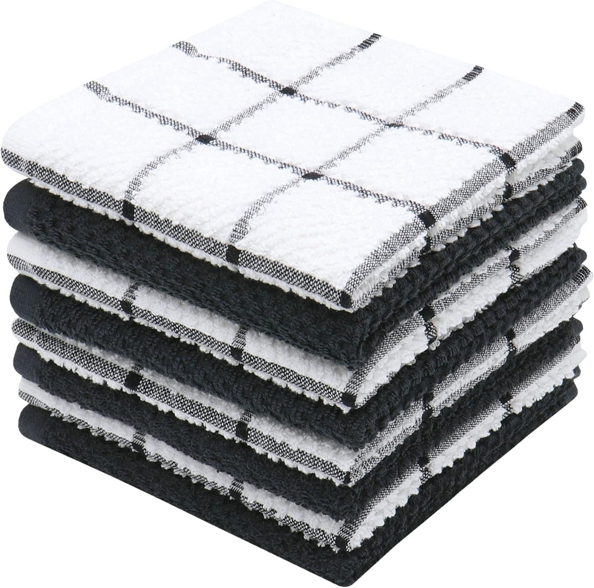 Cotton Grid Dish Cloths, Terry Cleaning Rags, 12 x 12 Inches, Light and Soft, Quick Drying Dish Rags, 8pc/Set (Black Multi)