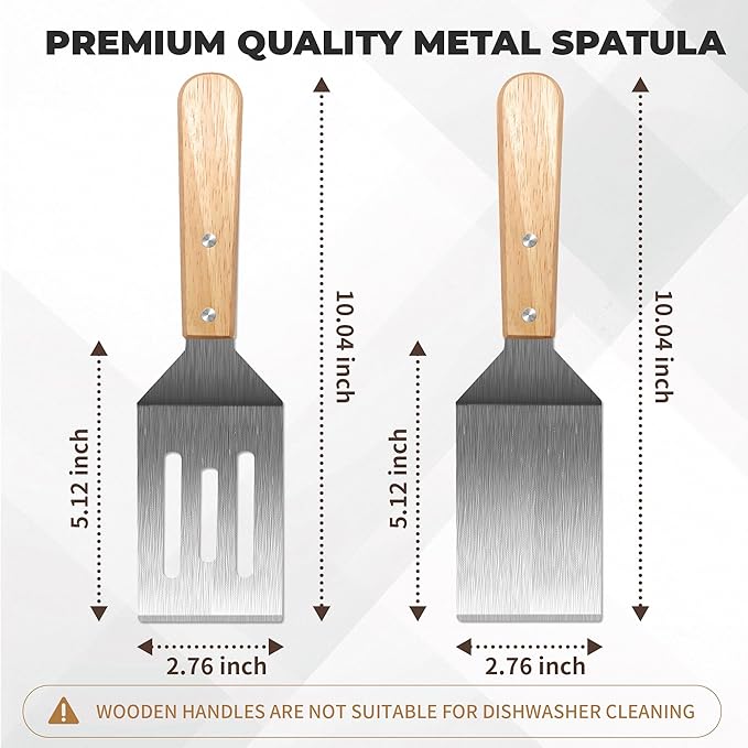 Stainless Steel Spatula Set, 2 Pieces Metal Spatula for Cast Iron Skillet, Metal Spatulas for Kitchen Use with Wooden Handle, Ideal for Frying Steak, Pancake, Cookie, Burger, Brownie or Desserts