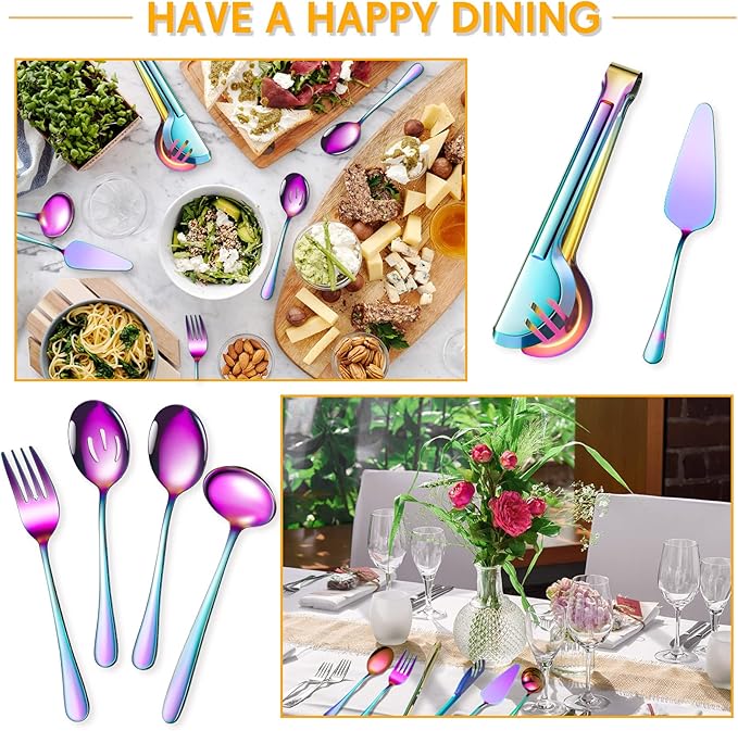 Patelai Serving Utensils Set Include Stainless Steel Large Spoons Slotted Spoons Forks Tongs Soup Ladle and Pie Server for Parties Buffet Catering, Dishwasher Safe(Rainbow,10 Pieces)