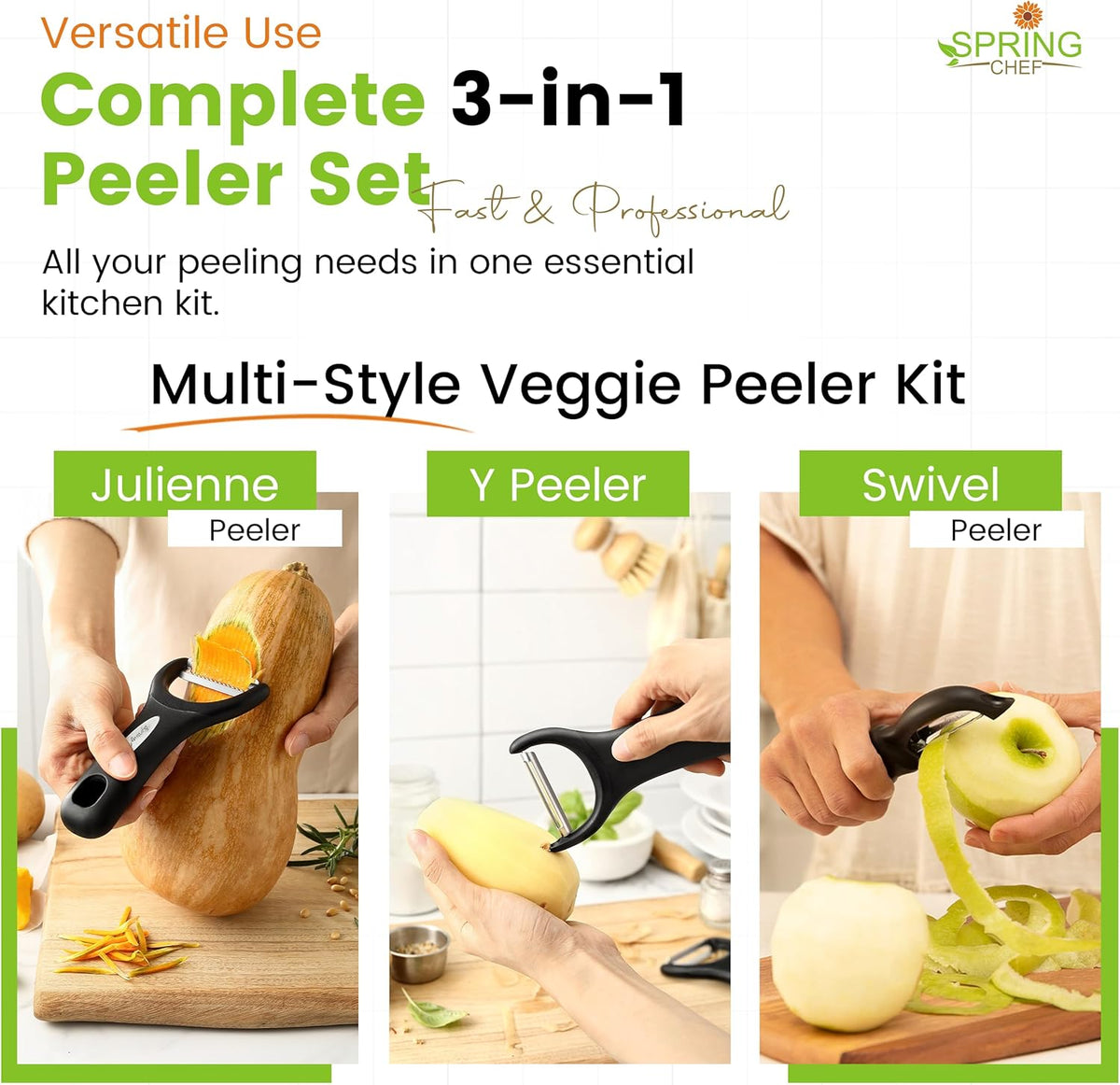 Spring Chef Stainless Steel Swivel, Y & Julienne Vegetable Peelers for Kitchen, Potato Peelers with Soft Grip Handles, Kitchen Utensils Set of 3 for Fruits, Veggies, Apple, Carrot, Cucumber - Black