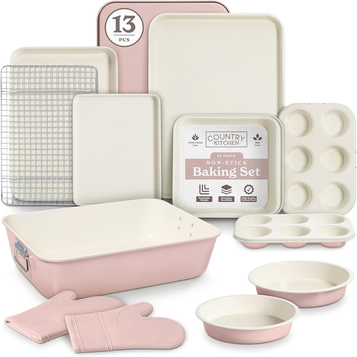 Country Kitchen Nonstick Stackable Bakeware Set - Deluxe Heavy Duty, Durable, Easy Release Baking Set, Pink, 13 Pcs with Handles