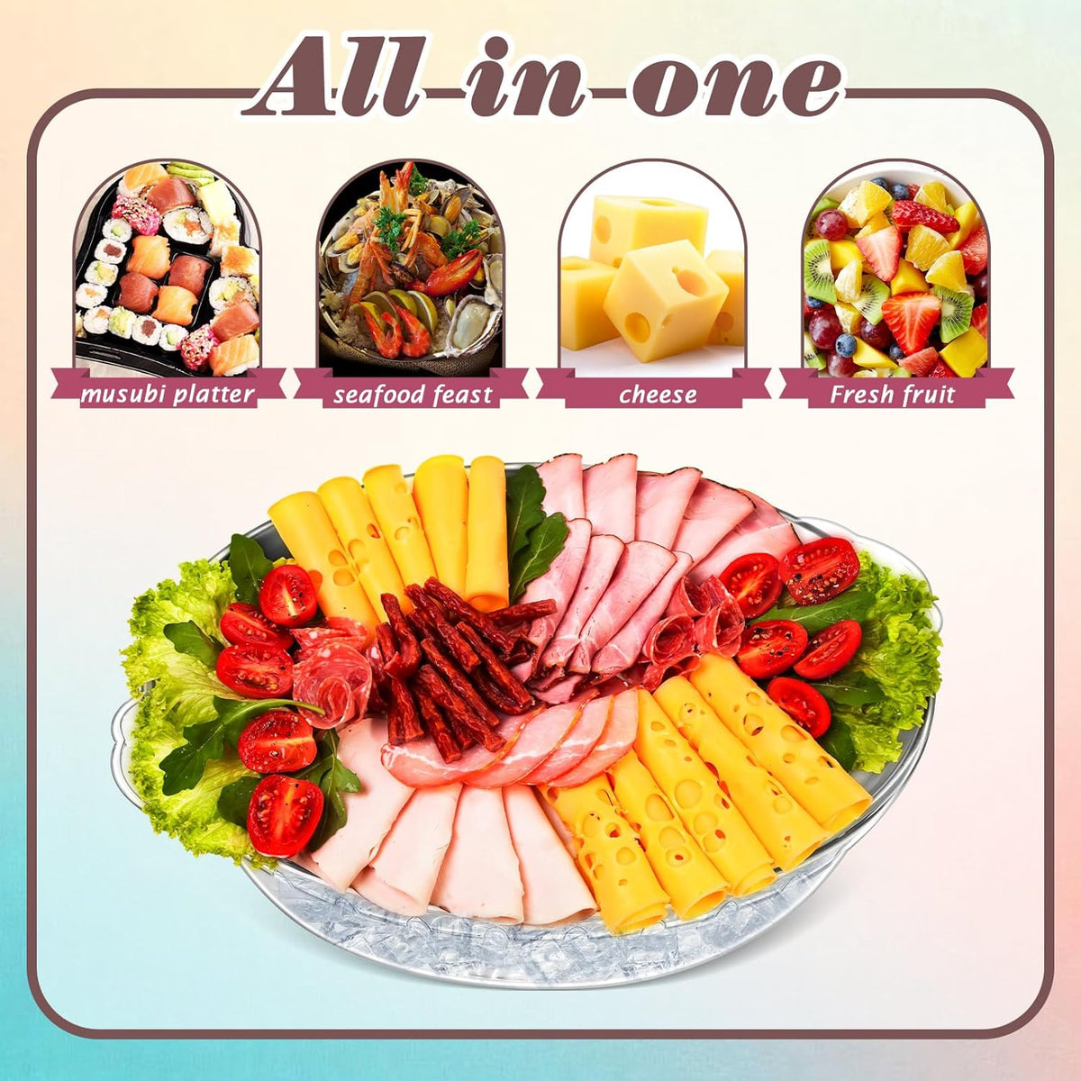 Baderke 3 Set 11.8" Chilled Serving Tray for Parties with Compartments Ice Chilled Party Platter Charcuterie Serving Board Cold Dish Dip for Fruit Seafood Vegetable Shrimp Cocktail (Rose Gold)