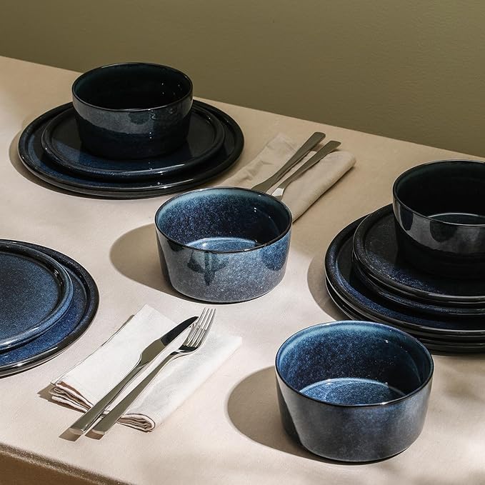 Stone Lain Eden 24-Piece Dinnerware Set Stoneware, Plates and Bowls Set, Dishwasher and Microwave Safe Dish, Dish Set for 8, Dark Blue