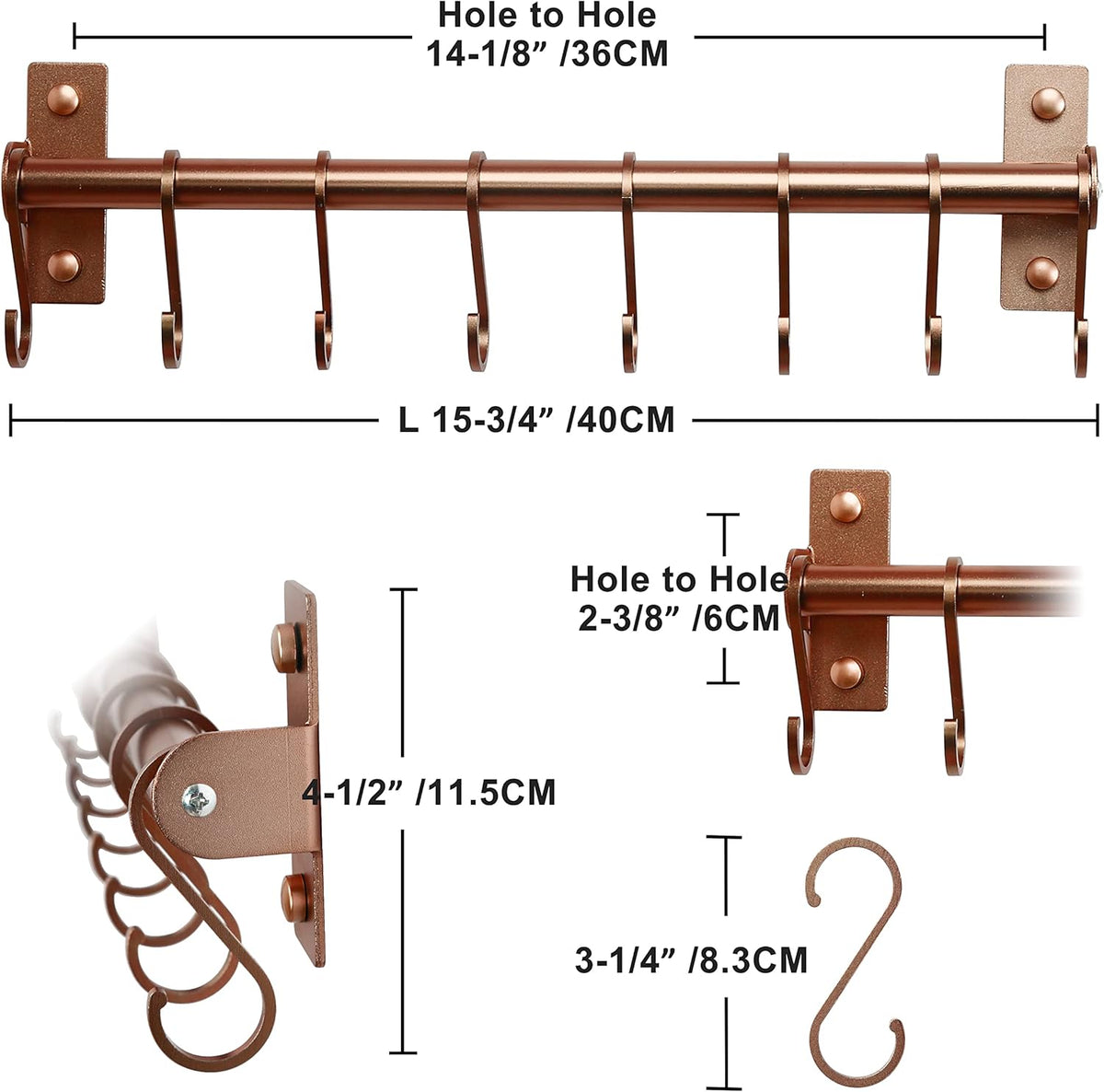 Dseap Kitchen Utensil Holder Hanger, Pot and Pan Rack Wall Mounted, Kitchen Rail with 8 Hooks for Hanging Cooking Utensils, Mugs, Spoons, Wall Mounted, Rose Gold, Pack of 2
