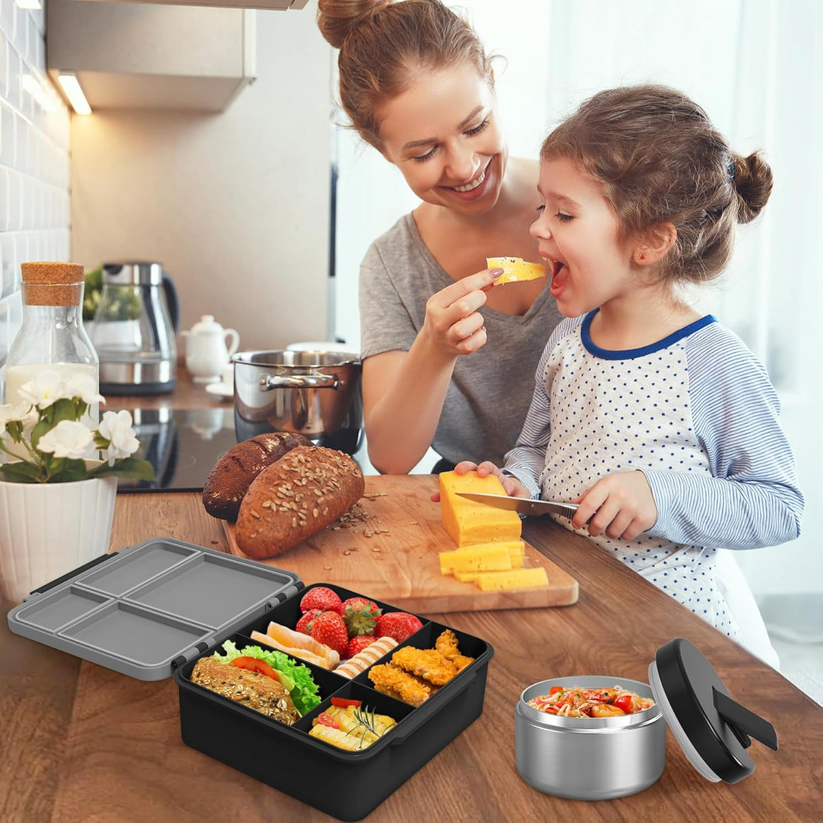 Bento Lunch Box with 8oz Soup Thermo, Kids Leakproof Lunch Food Containers with 4 Compartment, Kids Thermo Insulated Hot Food Jar for School, Trvael (Grey)