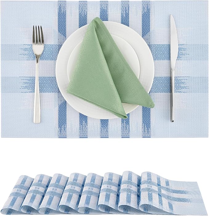 Leetaltree Geometric Print Blue Placemats Set of 8 - Heat Resistant Non-Slip Place mats for Dining Table, Washable Durable PVC Vinyl Woven Table Mats (Geometric Blue, 8)