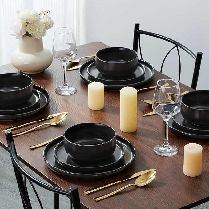 E-far Stoneware Dinnerware Sets for 6, 18-Piece Plates and Bowls Set, Modern Ceramic Dishes Dinning Ware, Microwave & Dishwasher Safe - Matte Black