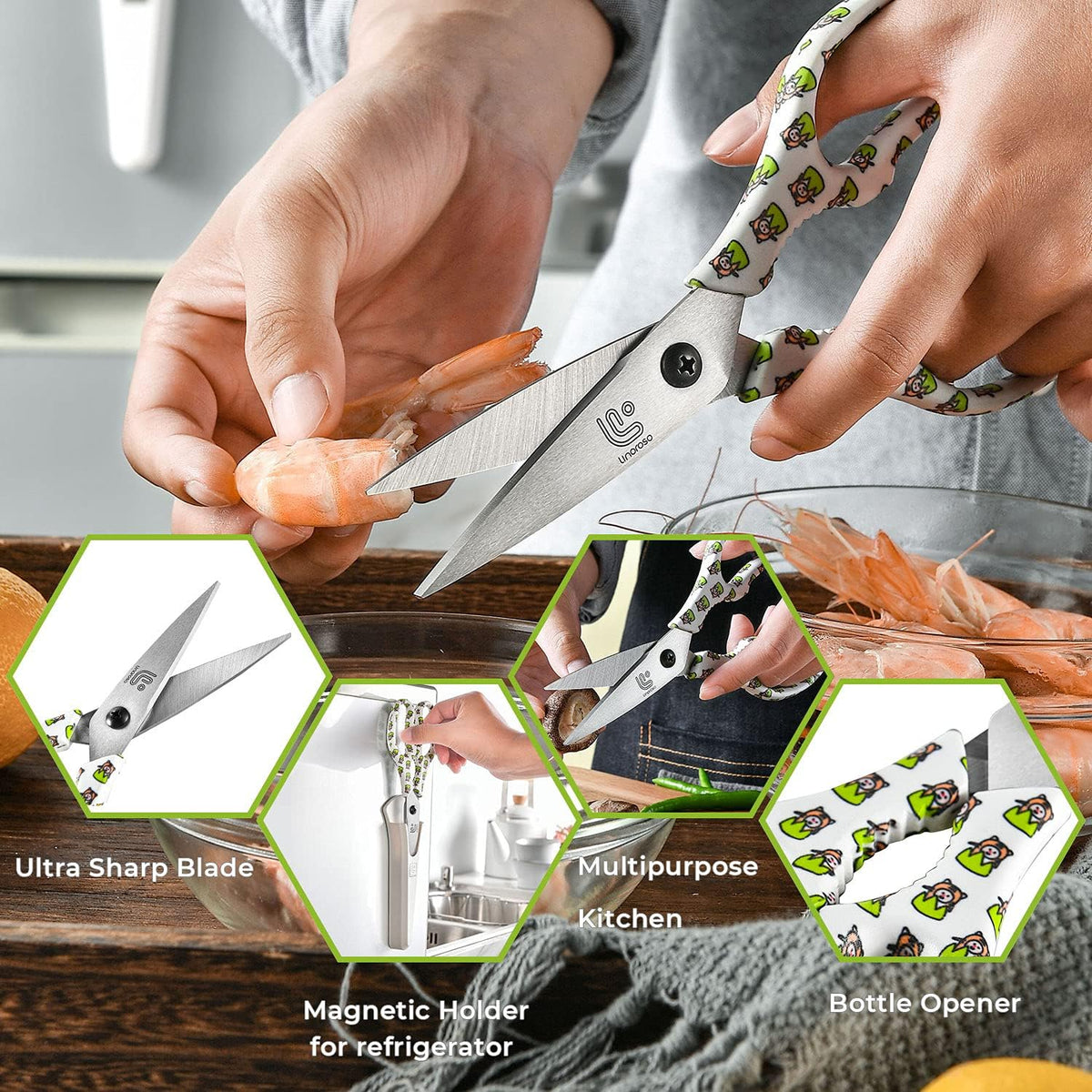 Linoroso Kitchen Scissors Heavy Duty Kitchen Shears with Magnetic Holder Made with Japanese Steel 4034, Multipurpose Ultra Sharp Cooking Scissors for Meat/Vegetables/BBQ/Herbs/Pizza (Graphic,Tiger)