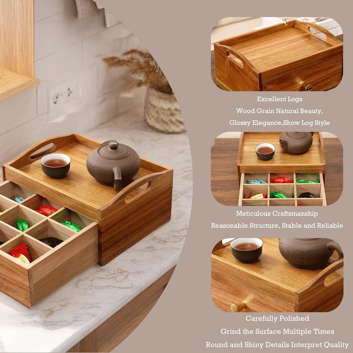 Tea Bag Holder Organizer, Tea Storage Organizer, Acacia Wood Drawer Interior 9 Grids & Teapots and Cups Can Be Placed on Top 10.4"X8.3"X5.4" Storage Box for Kitchen Countertop Organizer