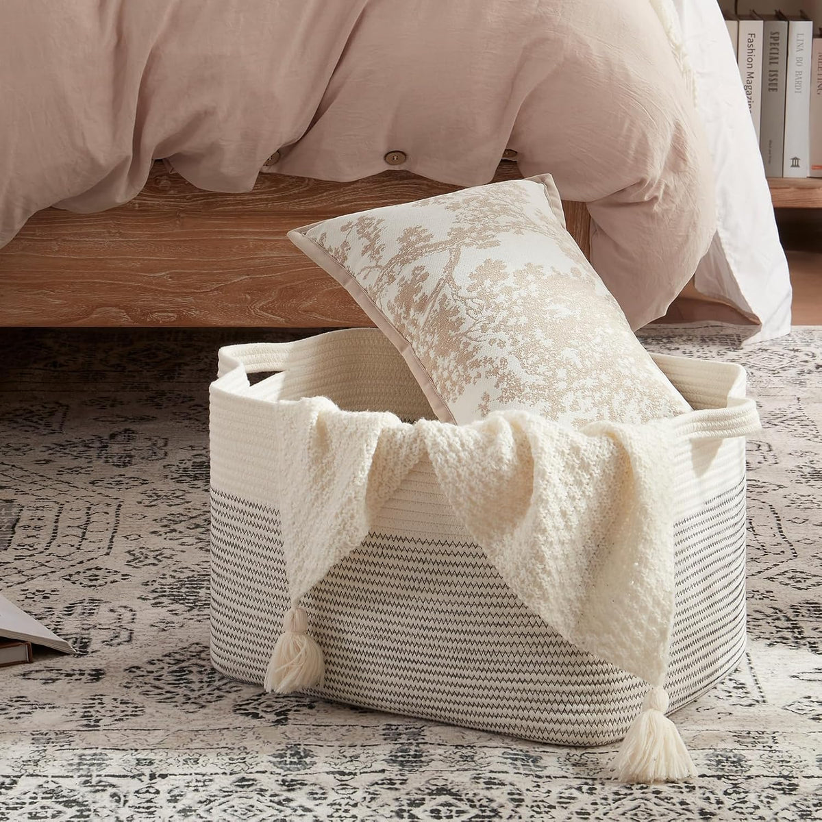 OIAHOMY 65L Blanket Basket, Cotton Rope Woven Blanket storage for Living Room, Rectangle Woven Baskets for Storage, 20''×16''×12'', Black and White