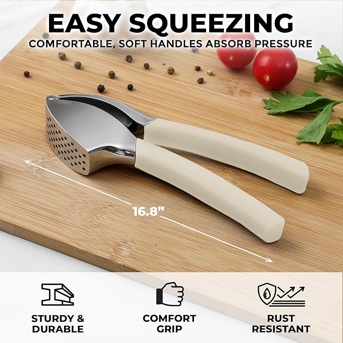 Zulay Kitchen Comfort Grip Garlic Press - Garlic Mincer Tool - Garlic Crusher - Garlic Press Mincer Rust Proof, with Soft Ergonomic Handle, Easy Clean Set with Peeler and Brush - White