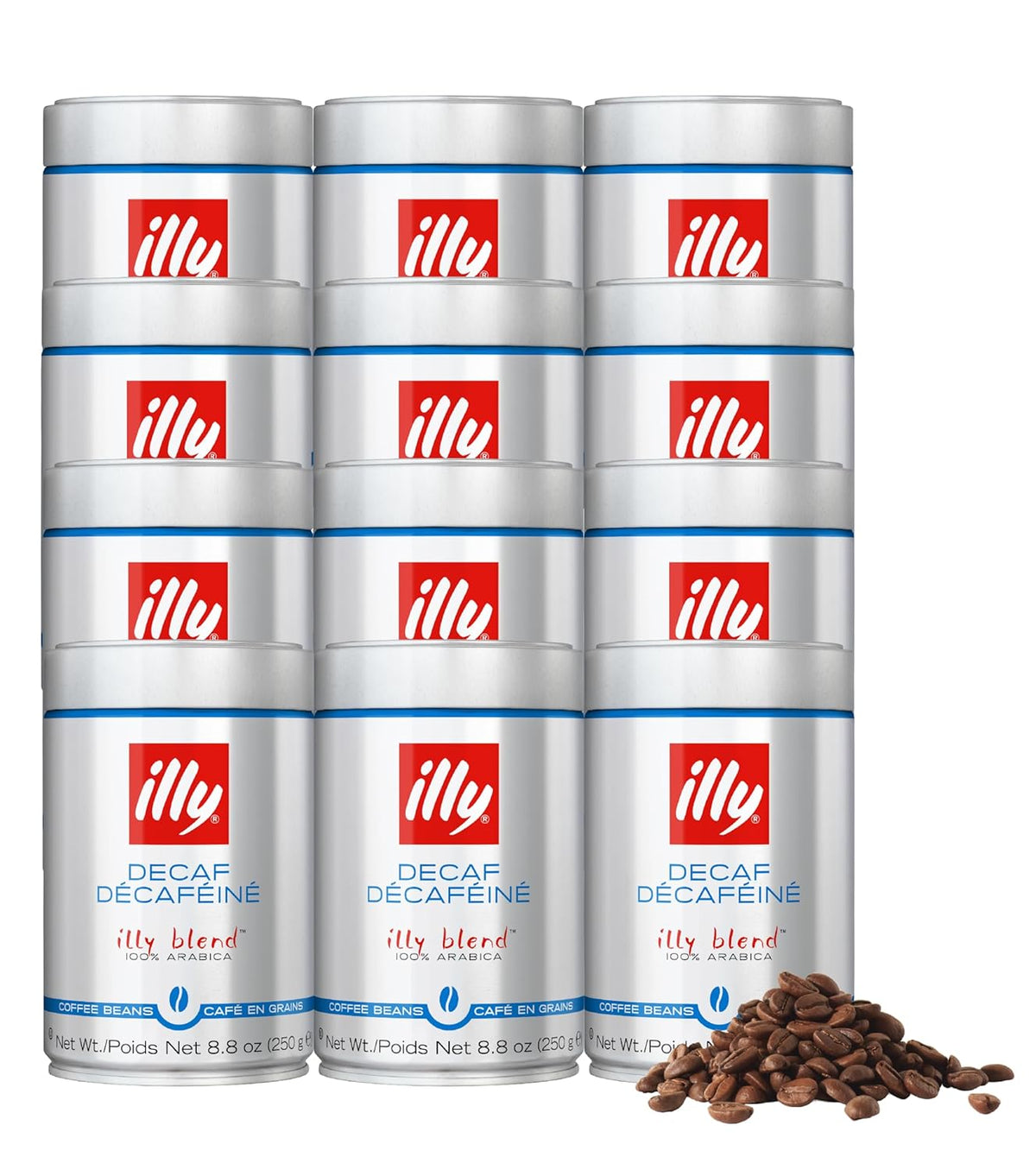 Illy Whole Bean Coffee, Decaffeinated - Medium Roast - Mild & Balanced - 100% Arabica - Whole Beans - Pressurized Packaging Sealed for Freshness - 8.8oz can (Pack of 12)