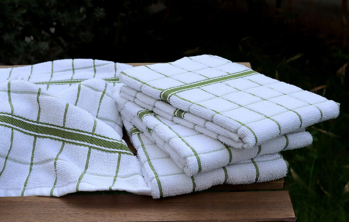AMOUR INFINI Terry Cotton Kitchen Towels 4-Pack - Large 18 x 28 Inch, Absorbent & Soft Dish Towel with Hanging Loop, Washable Ideal for Cleaning, Drying (Green)