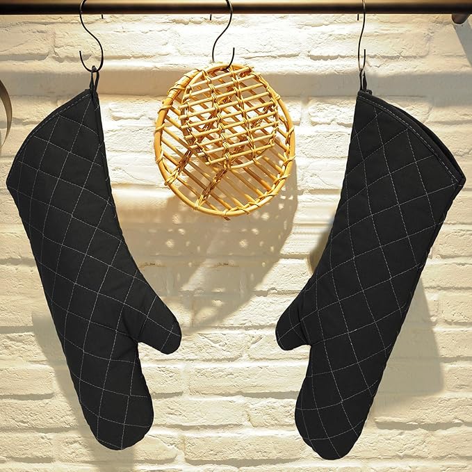 2 Pairs 17 Inch Extra Long Oven Mitts Heat Resistant Cotton Lining Oven Thick Gloves Kitchen Food Service Mittens for Pot Holders Cooking Baking BBQ, up to 482f (Black)