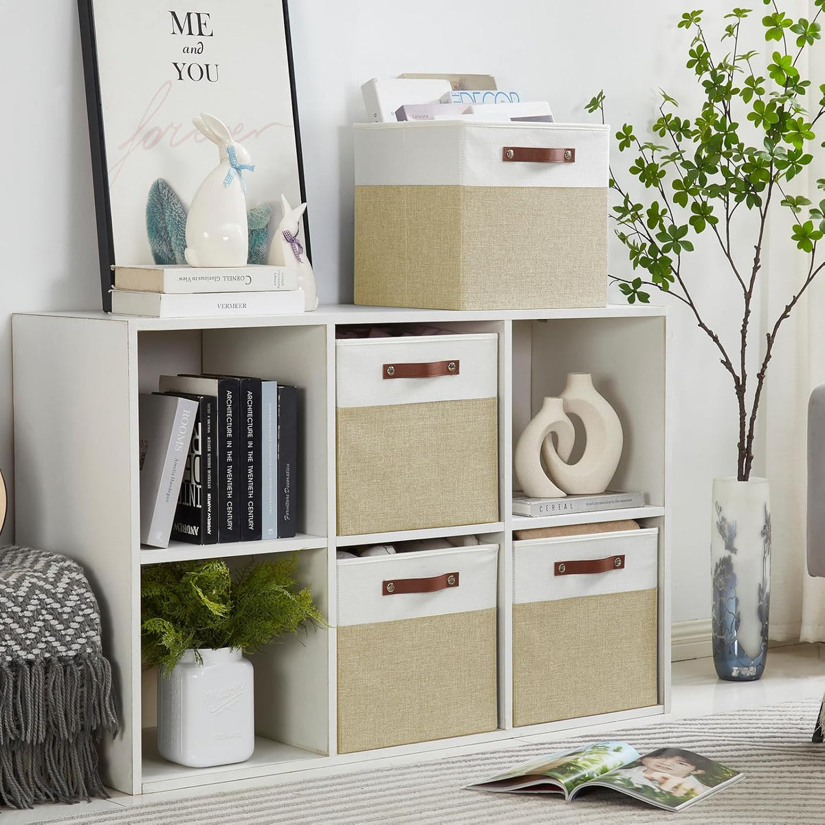 Collapsible Fabric Storage Cube Bins with 2 Reinforced PU Handles, Foldable Storage Organizer Baskets for Closet, Shelves, Living Room | 13"x13"x13", 4 Pack, Beige & White