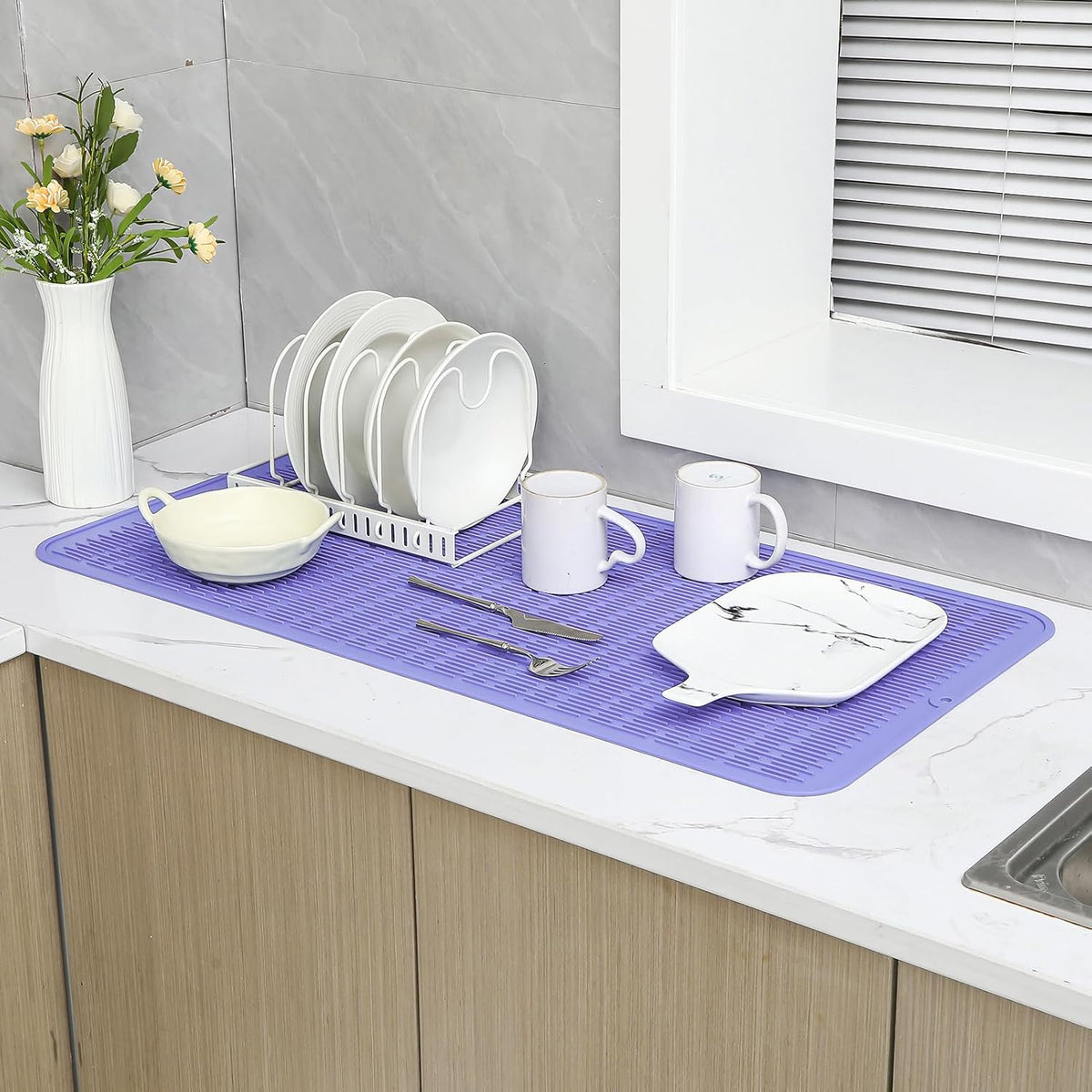 Silicone Dish Drying Mat for Multiple Usage,Easy clean,Eco-friendly,Heat-resistant Silicone Mat for Kitchen Counter or Sink,Refrigerator or Drawer Liner Light Purple 5XL 36inches x 18inches