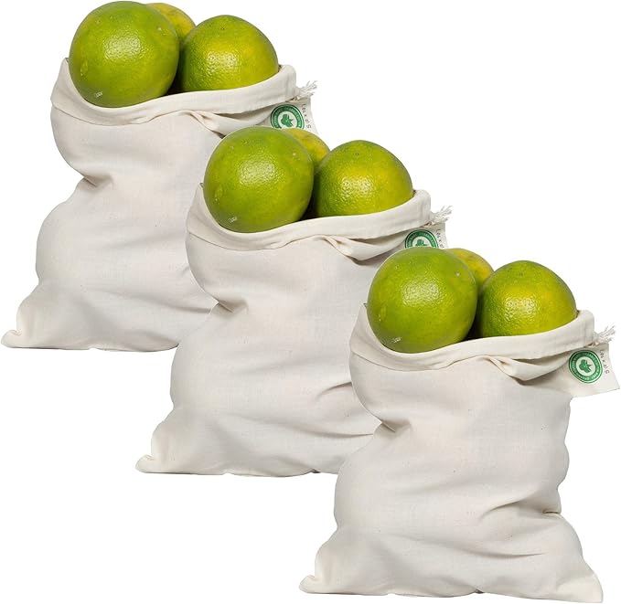 Reusable Grocery Bags for Produce - Small Size Muslin Bags for Brewing and Making Tea - Made of 100% Organic Cotton with Drawstring - Set of 3 (Small - 8"x10")