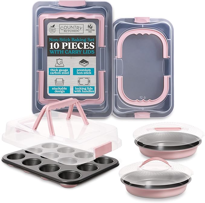 Country Kitchen Baking Pans Set - 10 Piece Non-Stick Cake Pans with Carry Lids for Easy Storage & Travel, Perfect for Parties - Stackable, Pink