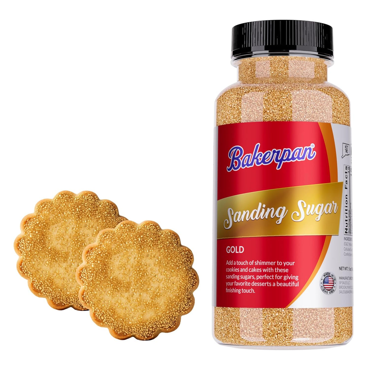 Bakerpan Gold Sanding Sugar for Baking & Cookie Decorating - 5 Ounce Edible Gold Sugar Sprinkles for Cookies, Cakes, Cocktails (Made In USA)
