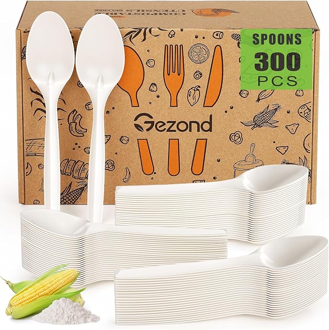 Gezond Compostable Spoons 300 Pack 6.7 Inch Disposable Spoons No Plastic Biodegradable Cutlery Set Heavy-duty for Party Wedding Camping Office Picnic