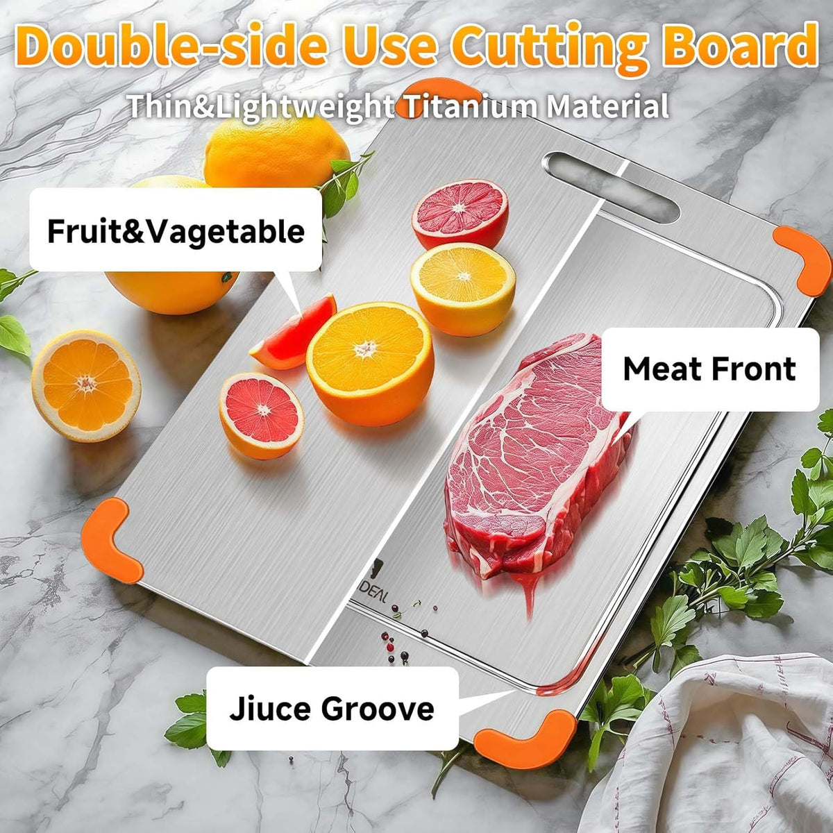100% Pure Titanium Cutting Board with Grooves, Update Double Side Titanium Chopping Board, Silicone Anti-slip Stainless Cutting Boards for Kitchen 9 * 13 IN, Orange