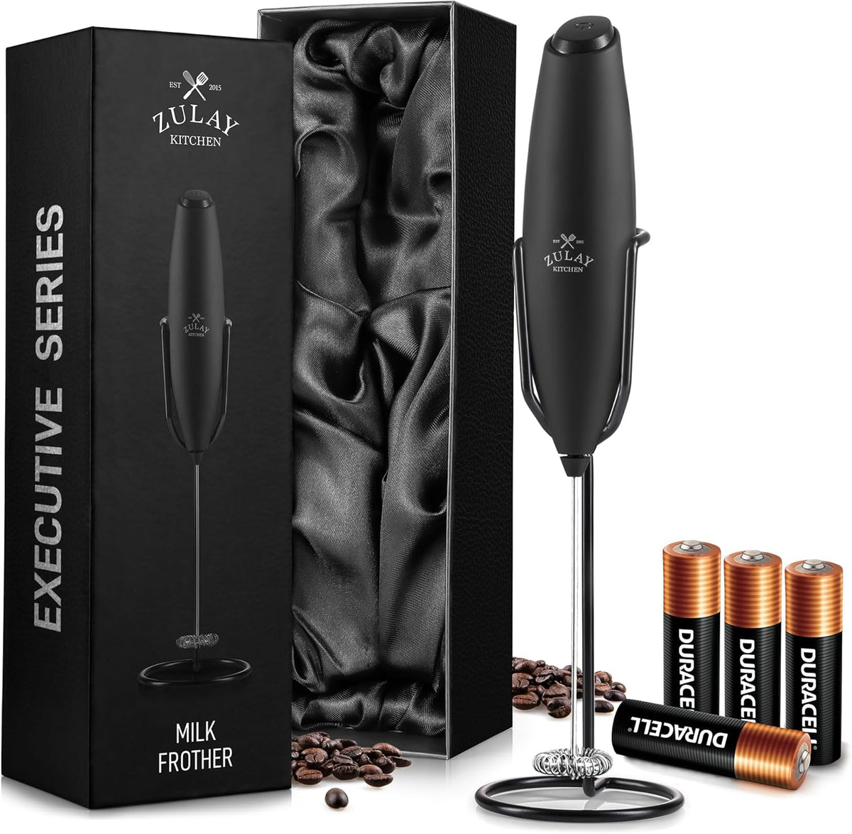 Zulay Kitchen Executive Series Milk Frother Wand - Upgraded & Improved Stand - Ideal Coffee Gift - Coffee Frother Handheld Foam Maker For Lattes - Electric Milk Frother Handheld For Cappuccino