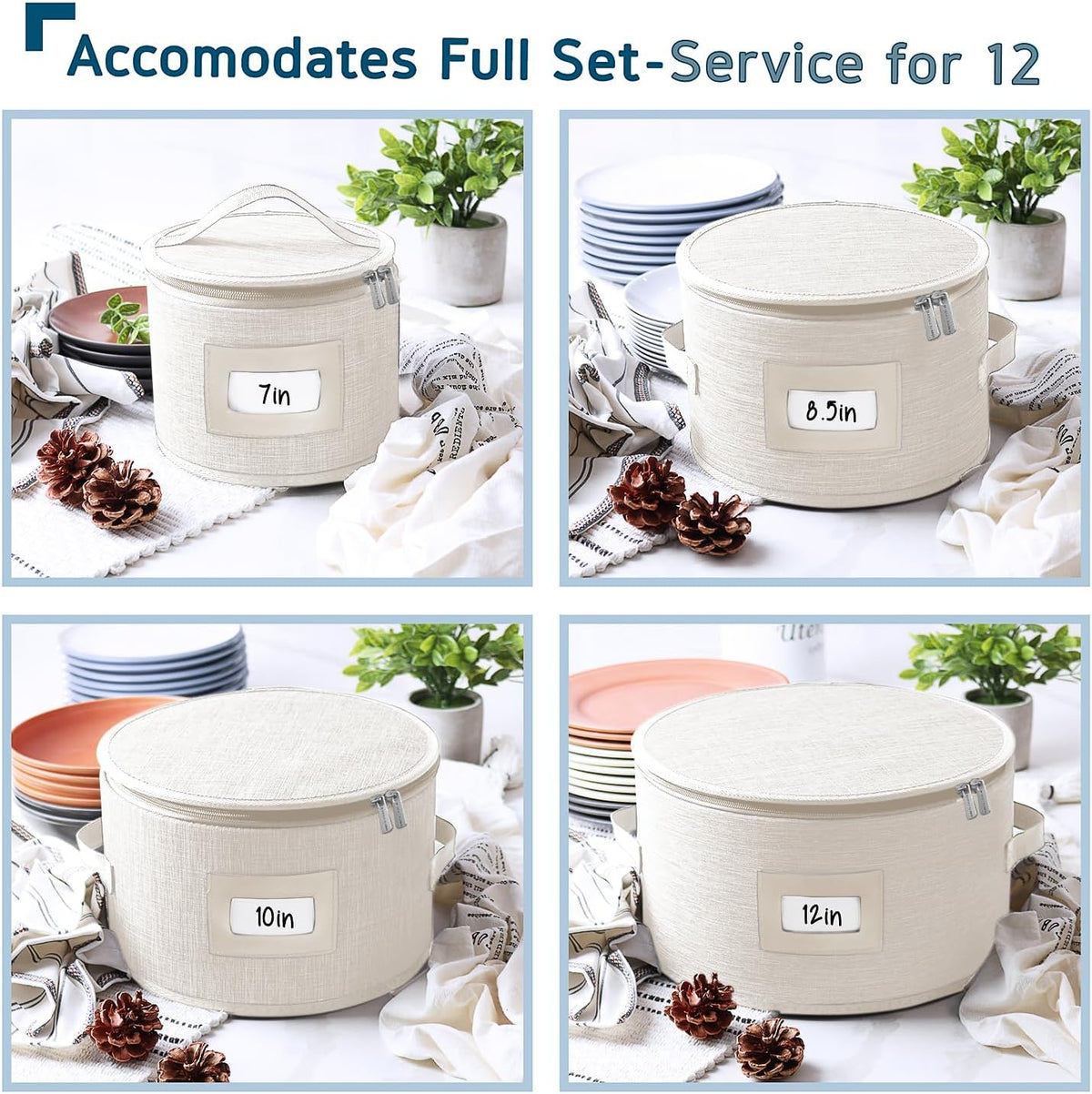 Fine China Storage Containers, 5 Piece Quilted Dish Storage Containers, Mug, Cup, and Plate Dish Organizer with Felt Dividers, Service of 12 Dinnerware Boxes for Moving, Seasonal Organization, Cream