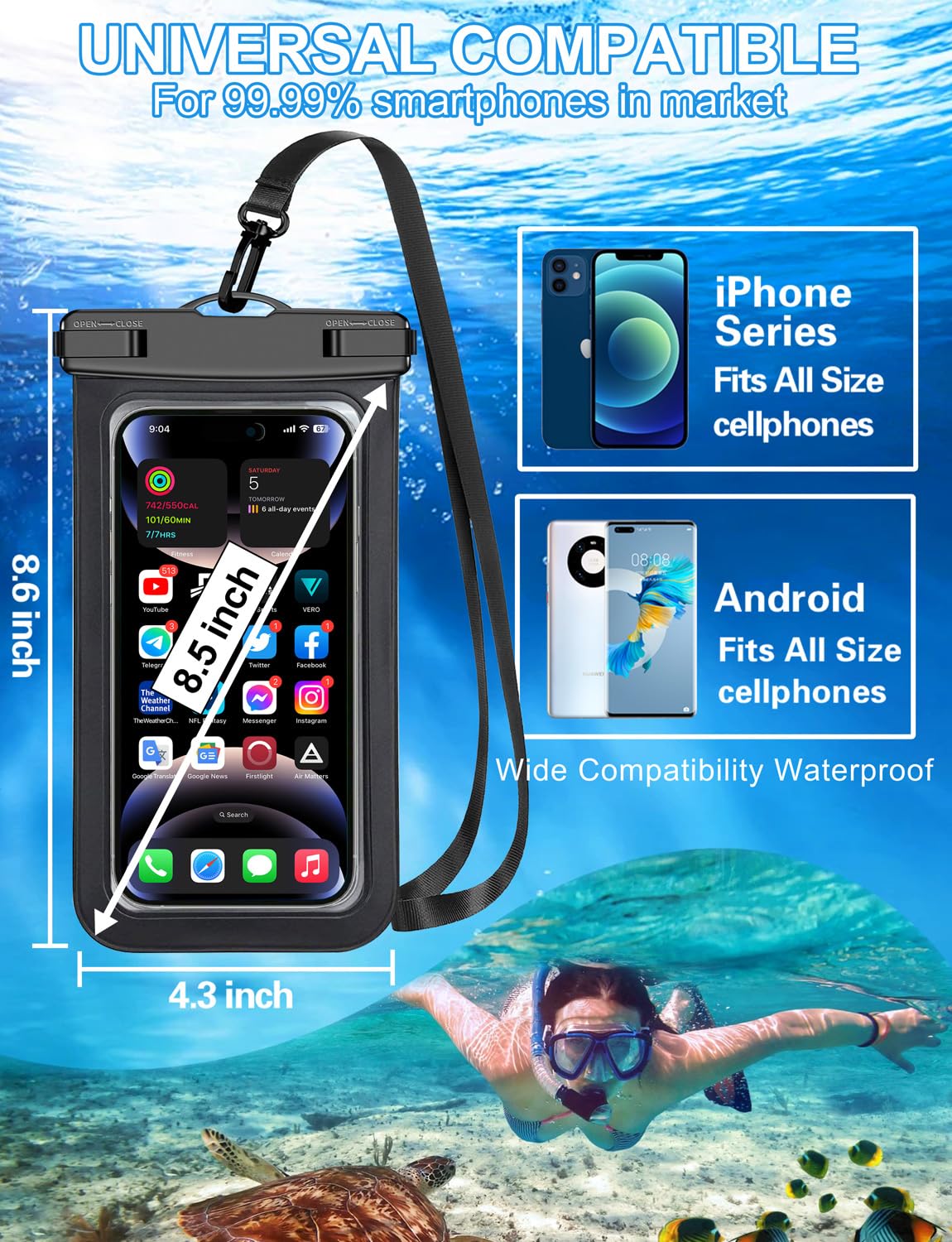 Famoby 5 Pack Multicolor Waterproof Phone Pouch, Cell Phone Case Dry Bag,Protection Level: IP68,Beach Cruise for iPhone,Samsung,and More,Lanyard Included,(Fits Up to 8.3"),Black,Blue,Pink,Orange,Green