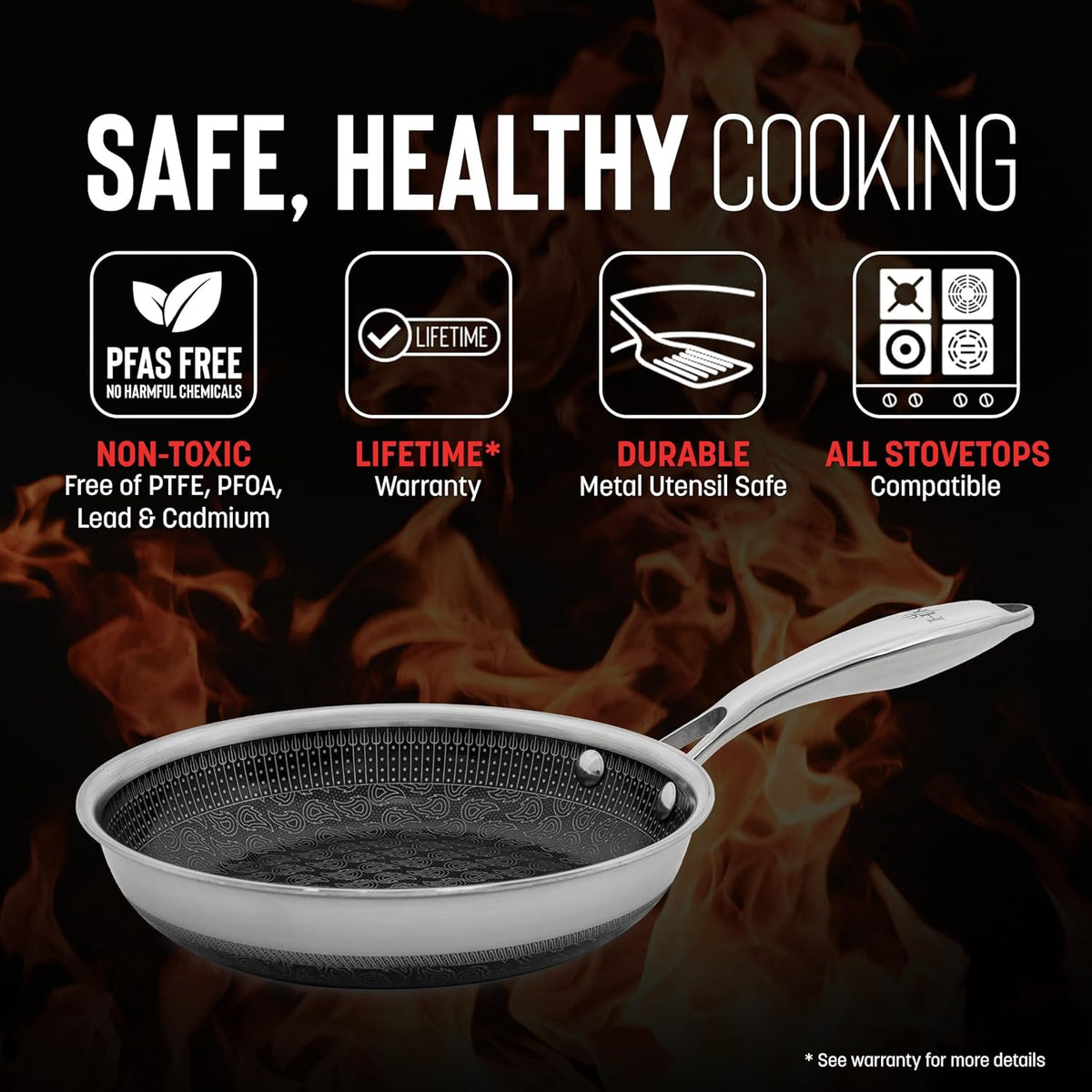 Hell's Kitchen Hybrid 8" Frying Pan, Tri-Clad Stainless Steel and Nonstick Ceramic PFAS Free, no PFOA, no PTFE, no Teflon, Non Toxic Cookware, Metal Utensil Safe, All Cooktops, Oven Safe