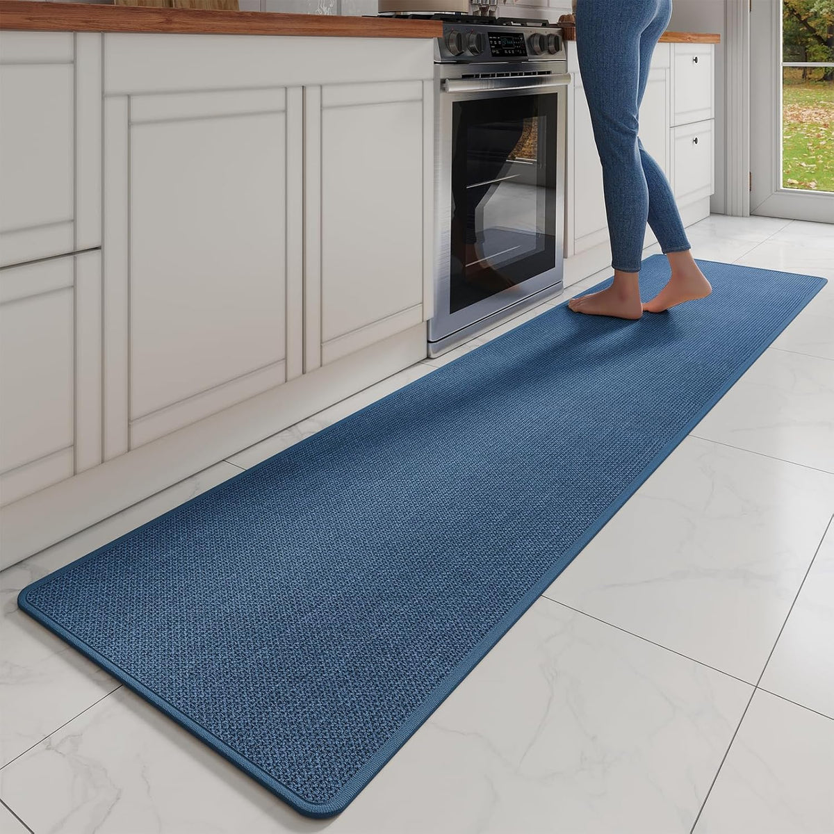Kitchen Mats for Floor, Super Absorbent Kitchen Rugs Non Slip Washable, Soft Imitation Linen Braided Kitchen Runner Rug, Standing Mat Kitchens Sink Mat, Easy to Clean, Blue 17x95
