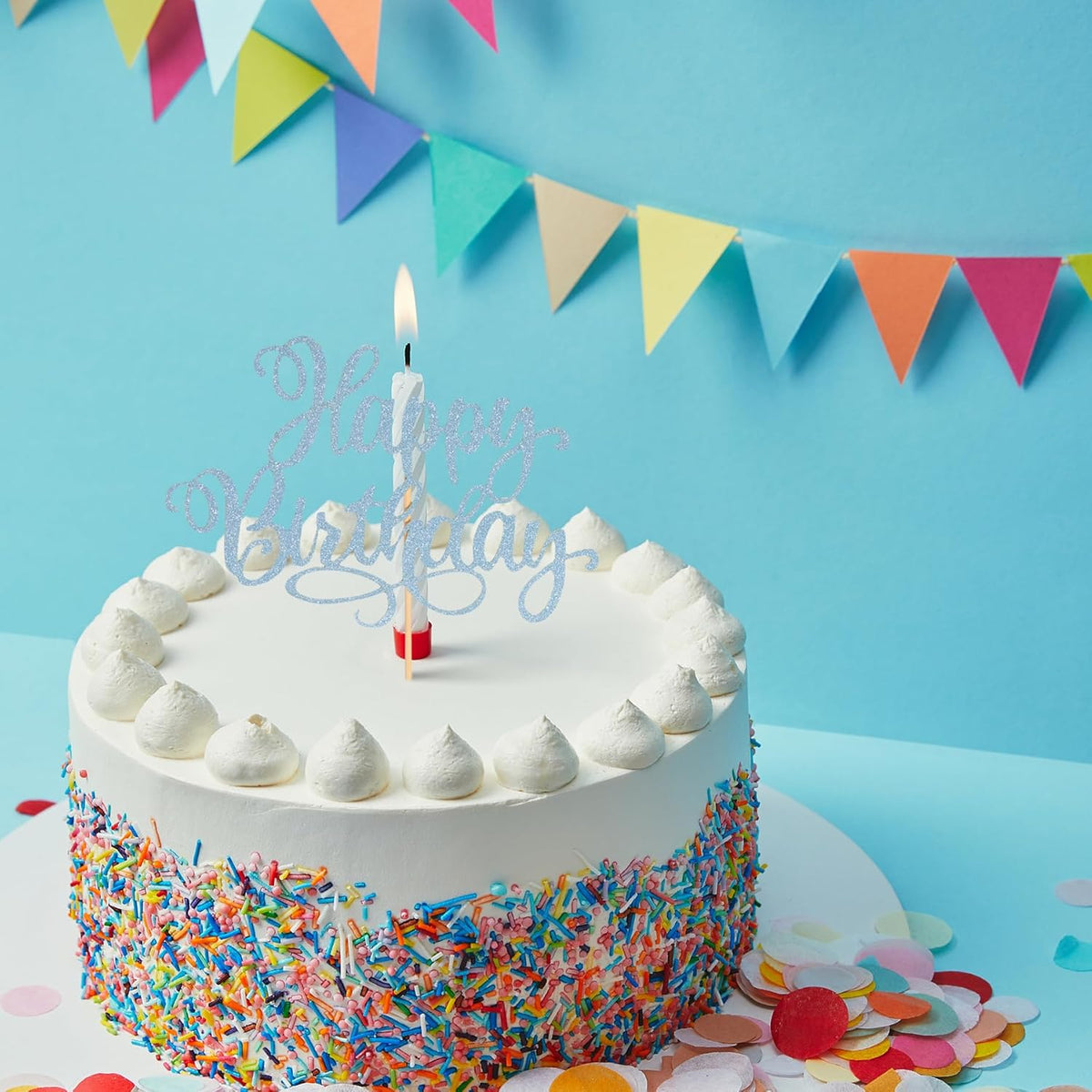 Happy Birthday Cake Toppers 9 Inch Glitter Happy Birthday Cake Pick for Birthday Anniversary Theme Party Cake Decorations Supplies - Litht Blue