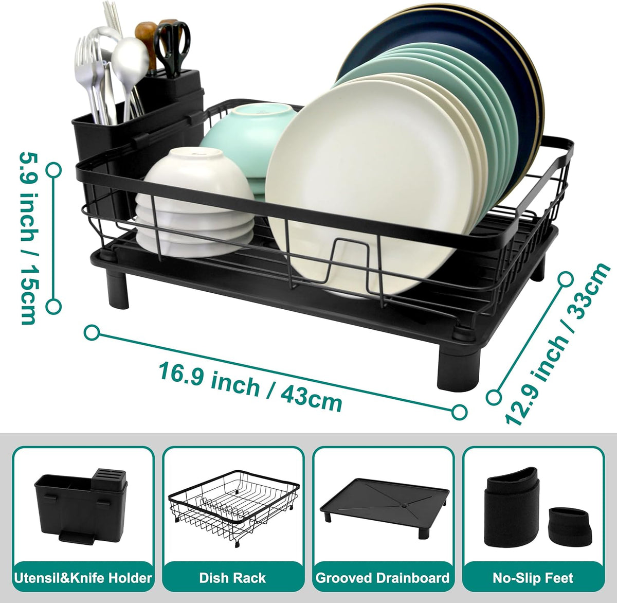 Dish Drying Rack for Kitchen Counter,Space-Saving Dish Rack with Drainboard,Rustproof Countertop Dish Drainer with Utensil Holder for Sink,Black