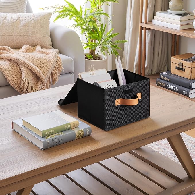 GRANNY SAYS Small Storage Bins with Lids, Small Storage Boxes, Shelf Baskets for Shelf, Collapsible Storage Bins for Living Room, Bedroom, 10x8x7 Inch, Black, 2-Pack