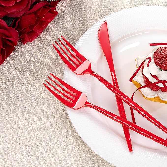 LIYH 150 Pcs Red Plastic Cutlery Sets - Red Plastic Silverware Heavyduty, Disposable Utensil Sets, 50 of Each Forks, Knives & Spoons Flatware Set for Party Birthday
