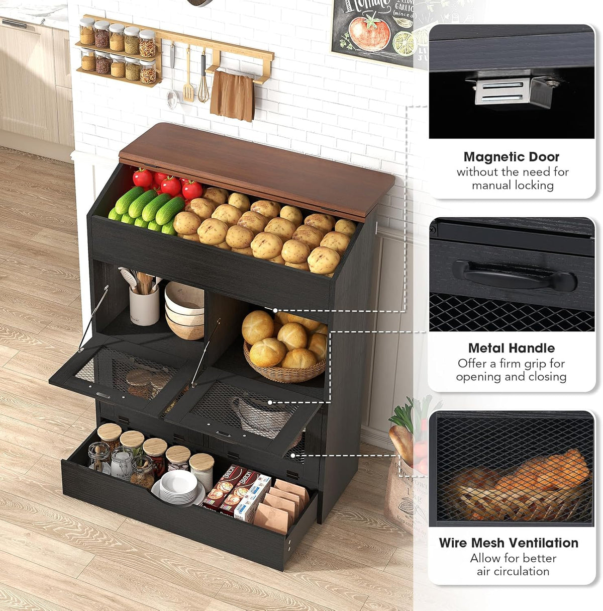 Patiorama Wood Potato and Onion Storage Bin Box, Large Vegetable Storage Box w/Lid,Wooden Bread Storage Bin w/4 Mesh Doors,Movable Bottom Drawer, Farmhouse Potato Storage Bins for Kitchen Pantry Black