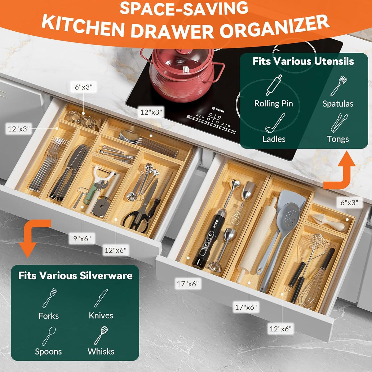 Bamboo Drawer Organizer for Kitchen & Bath, Extra Large Stackable Tray for Silverware, Toiletries & Utensils, 2 Pcs, 17" x 6" x 2" (Outer), 16.3" x 5.3" x 1.77" (Inner)