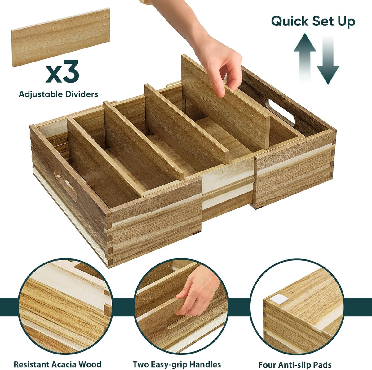 Expandable Lid Organizers Inside Cabinet, Kitchen Cabinet Organizers with 3 Adjustable Dividers, Storage Plastic Lids, Food Container Lid Holder Organizer for Drawer Pantry, Acacia